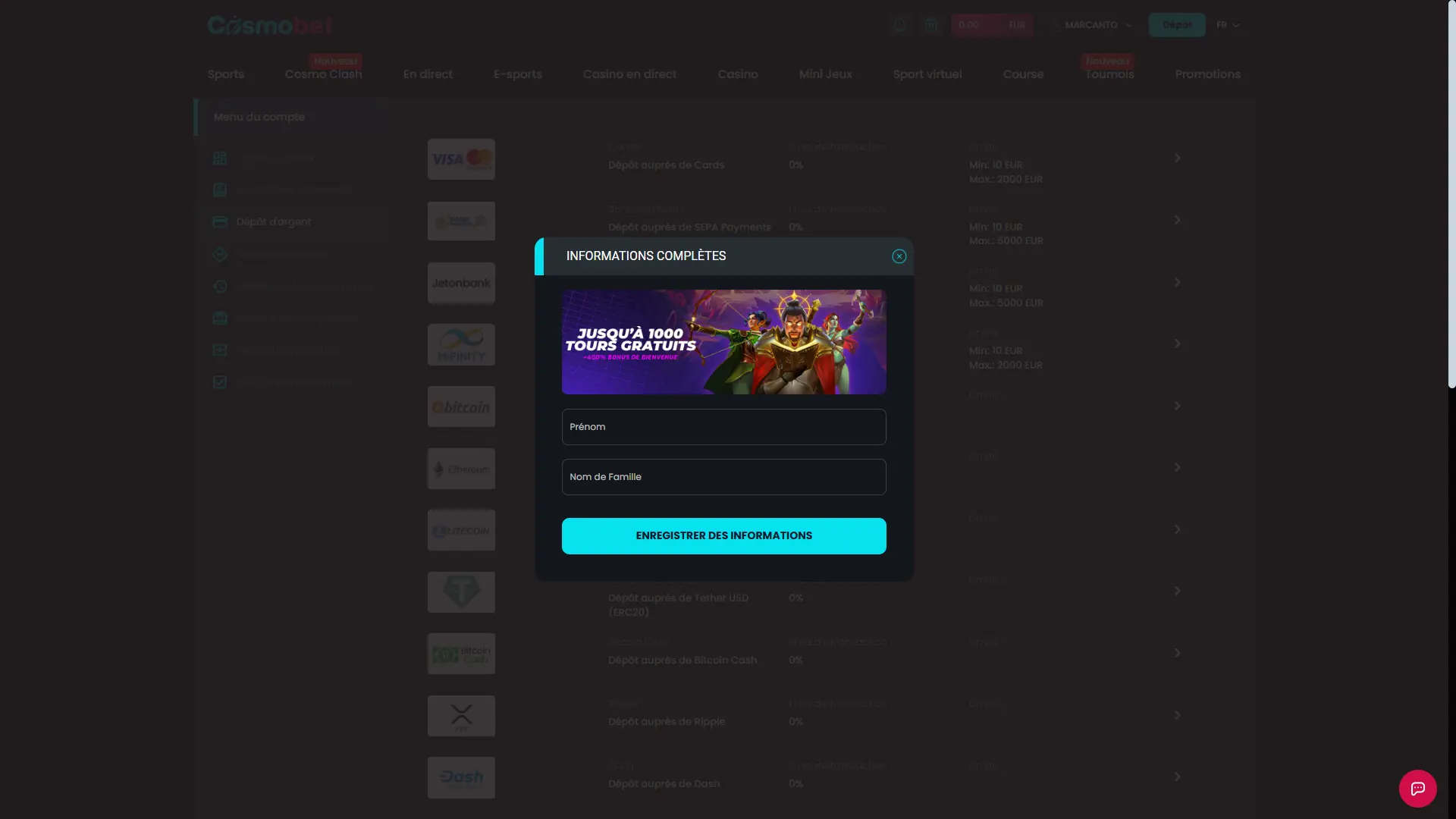 inscription sur cosmobet 3