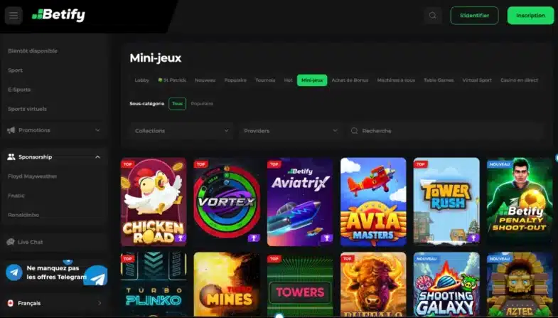 Capture d'écran de la page d'accueil du casino Betify montrant les jeux et promotions