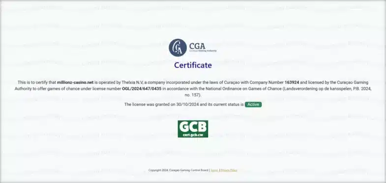 licence millionz casino