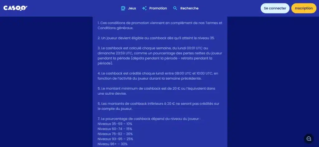 Cashback du programme de fidélité de Casoo