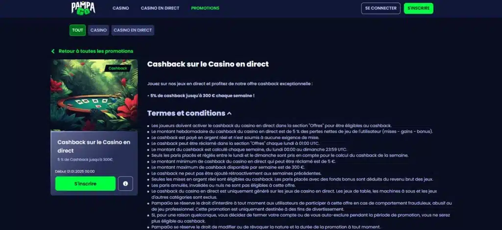 Cashback sur le casino en direct de Pampago