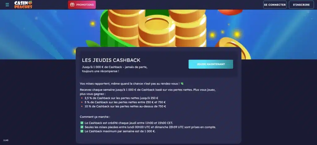 Les Jeudi Cashback de Casino Peaches