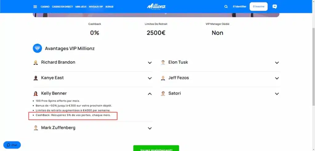 Millionz dispose d’un cashback qu’il vous sera possible d’obtenir à partir du niveau 3 du programme VIP