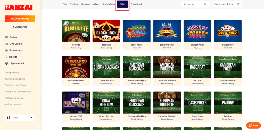 Banzai Casino : notre avis complet 5 Jeux de table Banzai
