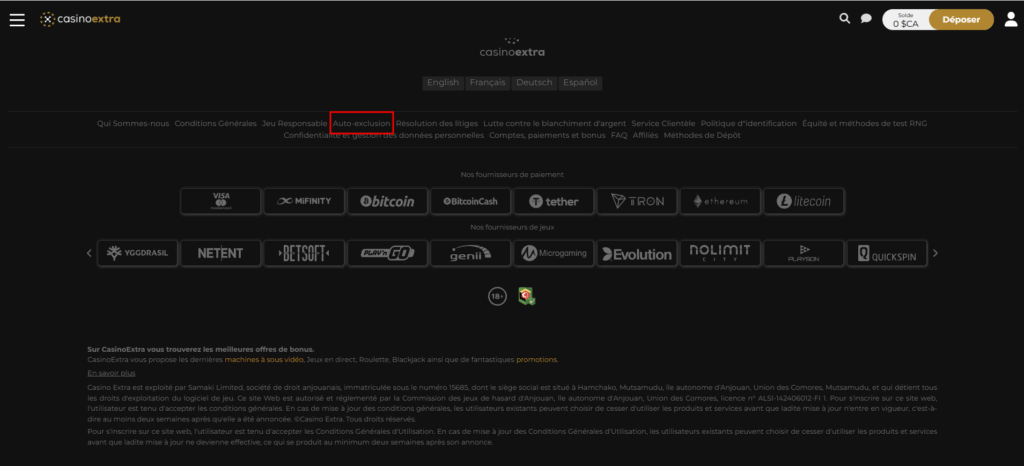 Notre Avis sur Casino Extra : Guide complet 13 onglet "auto-exclusion" en bas de page