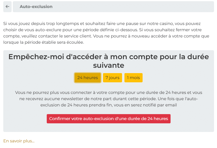 Notre Avis sur Casino Extra : Guide complet 14 Affichage pour déterminer la durée de l'auto-exclusion