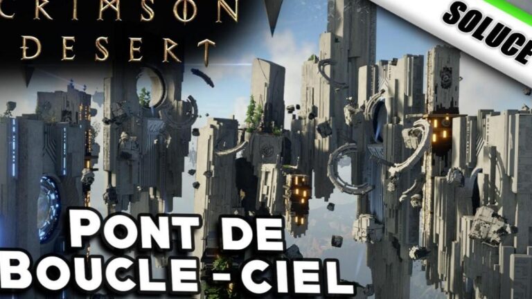 Capture d'ecran du Pont de Boucle-ciel dans Crimson Desert montrant les anneaux brises a reparer