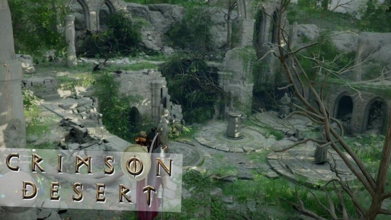 Ruines antiques de la Zone de Confluence de Halssius dans Crimson Desert avec mecanisme de puzzle lumineux