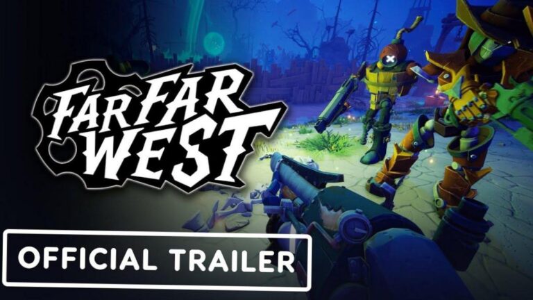 Capture d'ecran de Far Far West montrant des cowboys robots dans un decor western colore sur Steam