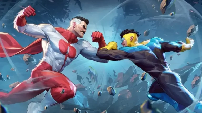 Capture d'ecran du jeu de combat Invincible VS montrant un affrontement 3v3 lors de la beta PS5