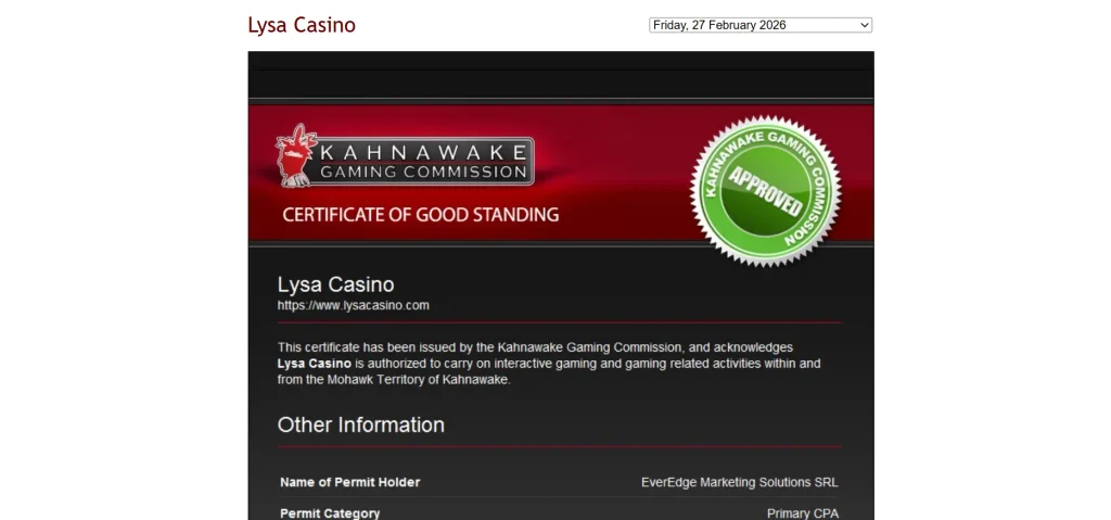 Licence de jeu Kahnawake Lysa Casino