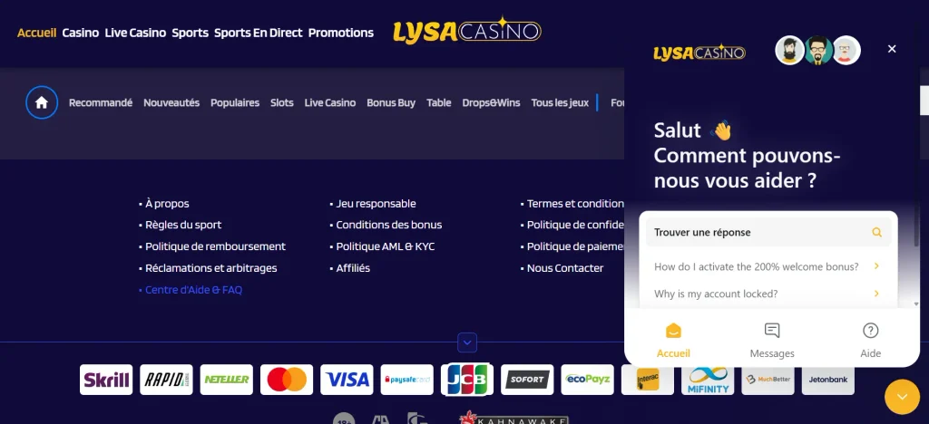 Service client chat en direct sur Lysa Casino