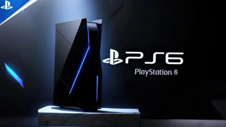 Visuel conceptuel de la PlayStation 6 avec logos PS5 et PS4 illustrant la retrocompatibilite complete