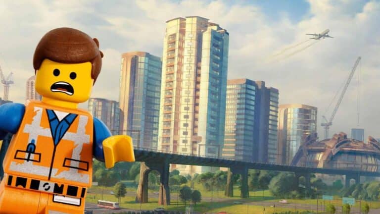 Logo conceptuel de Lego Skylines avec briques LEGO colorees et elements de gestion urbaine