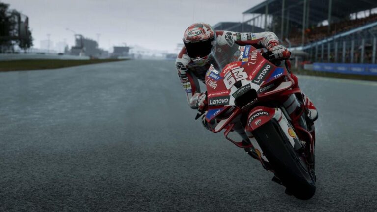 Capture d'ecran de MotoGP 26 montrant une moto de course sur circuit lors du lancement 2026