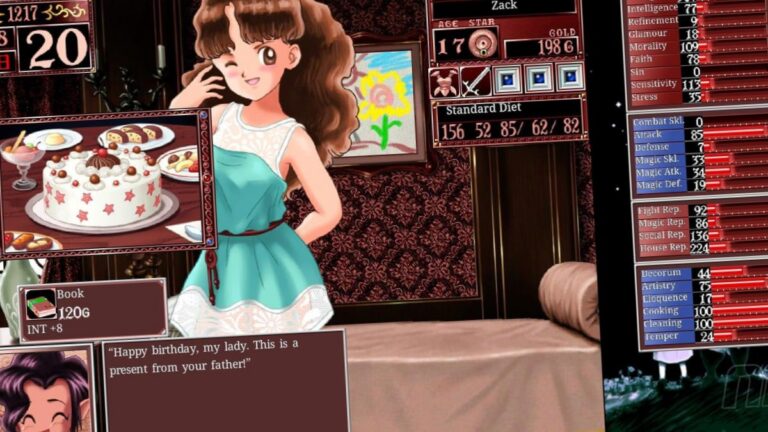 Capture d'ecran de Princess Maker 2 Regeneration montrant l'interface de gestion du personnage feminin