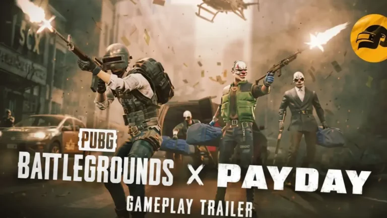 Capture d'ecran du mode PAYDAY dans PUBG Battlegrounds montrant une equipe de quatre braqueurs