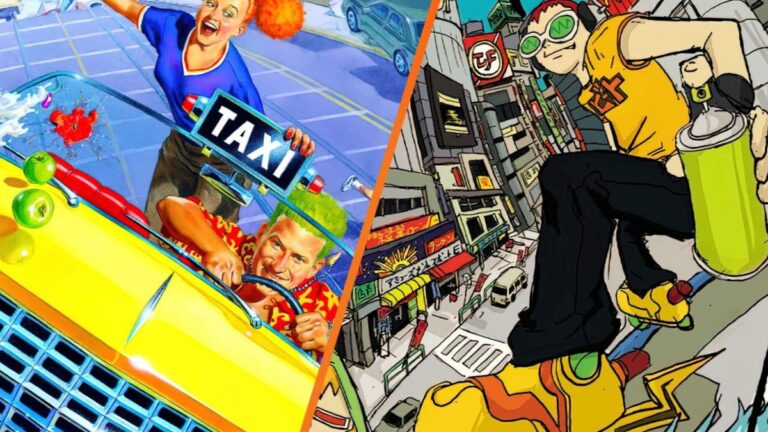 Logo Sega avec les visuels de Crazy Taxi et Jet Set Radio en arriere-plan