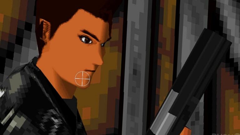 Capture d'ecran de Time Crisis sur PlayStation Plus Premium avec interface de visee gyroscopique