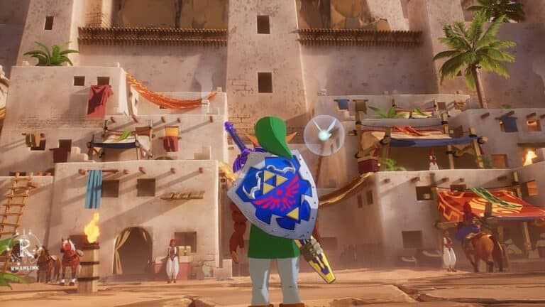 Illustration de Link dans Ocarina of Time avec logo Nintendo Switch 2 en arriere-plan