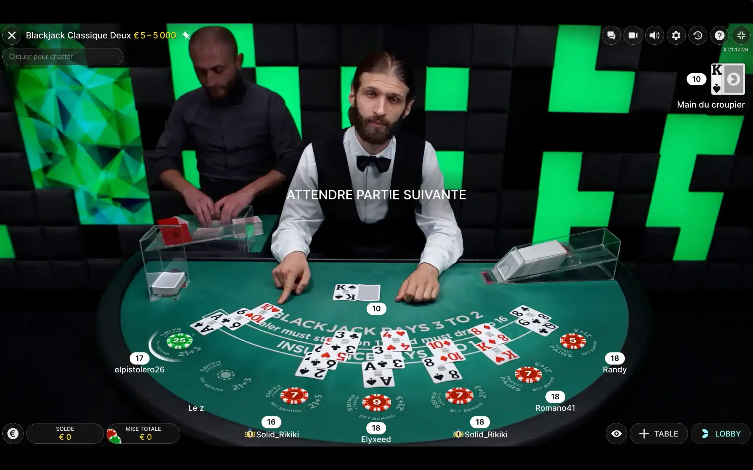 décisions joueurs blackjack live
