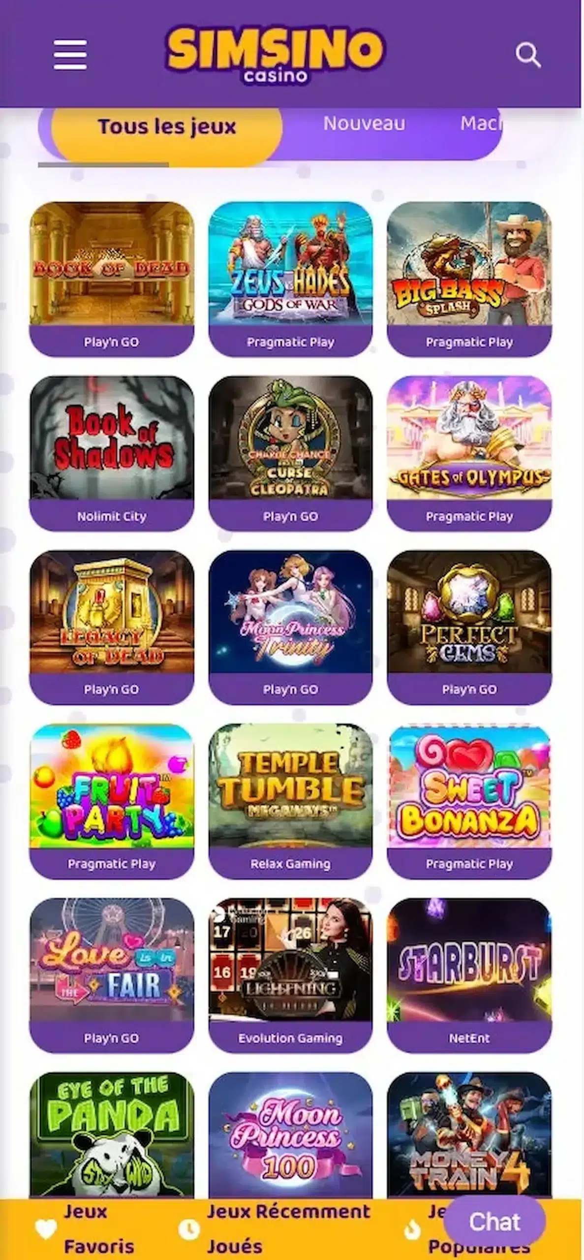 simsino interface mobile