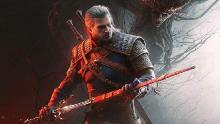 Logo CD Projekt RED et capture du premier The Witcher illustrant les difficultes de developpement du remake