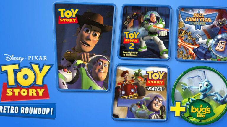 Compilation des jeux video Toy Story classiques avec Woody et Buzz Lightyear sur fond nostalgique