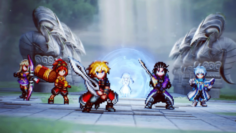 Capture d'ecran de Final Fantasy Resonance montrant le style HD-2D avec sprites pixel art et decors 3D