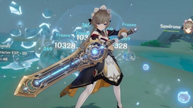 Sandrone, personnage Cryo 5 etoiles avec son automate Fagio dans Genshin Impact version 6.7
