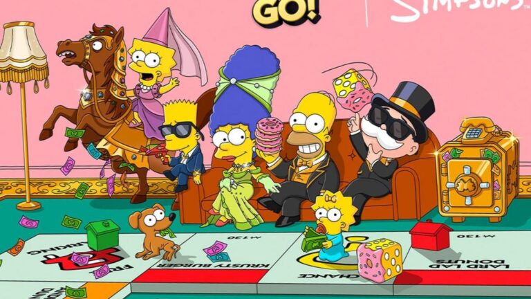 Affiche promotionnelle du crossover Monopoly Go x Les Simpson avec Mr. Monopoly et Mr. Burns