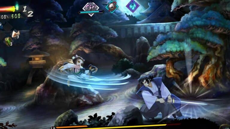 Artwork officiel de Muramasa Revenant Blades montrant les personnages Kisuke et Momohime dans le style artistique de Vanillaware