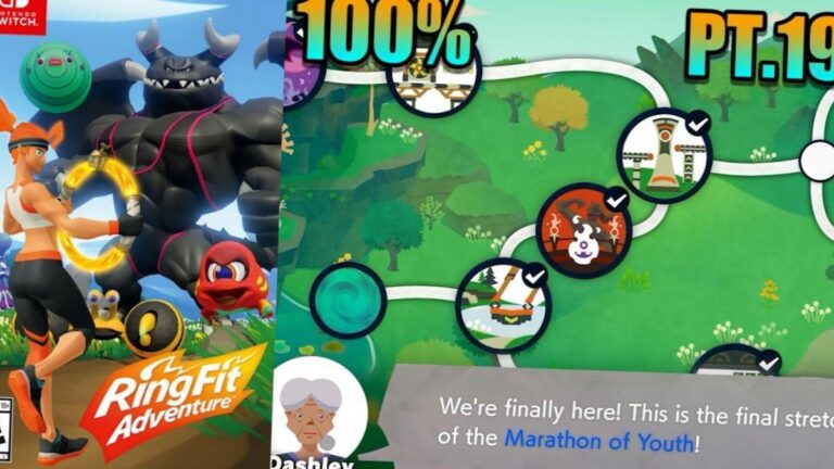 Joueur utilisant Ring Fit Adventure sur Nintendo Switch avec le Ring-Con pour une seance d'exercice
