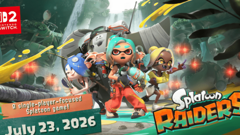 Visuel officiel de Splatoon Raiders avec le robot d'exploration et les personnages de Deep Cut sur Nintendo Switch 2