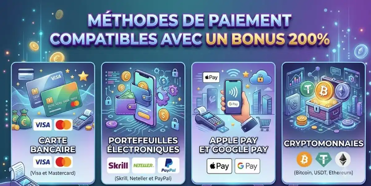 Méthodes de paiement compatibles avec un bonus 200%