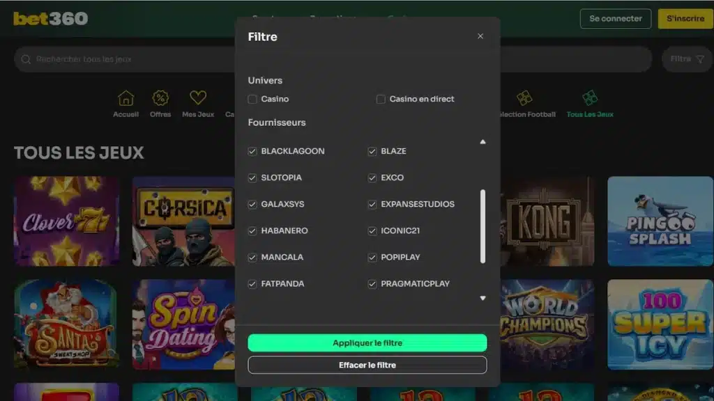 Fournisseurs de jeux sur Bet360