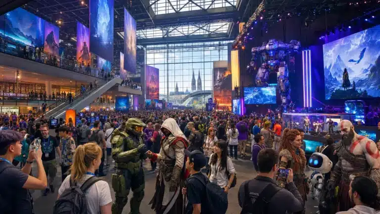 Vue aerienne de la Koelnmesse de Cologne accueillant la gamescom 2026 avec affluence record