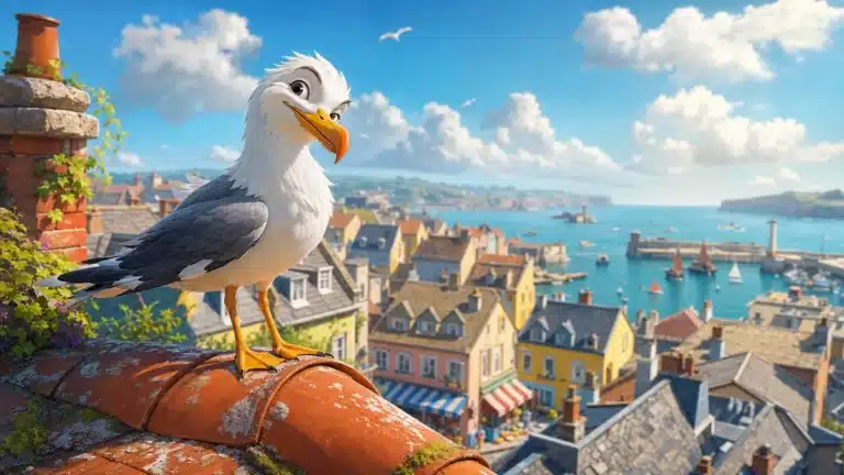 Capture d'ecran de Goeland Seagull Adventure montrant un goeland dans une ville cotiere