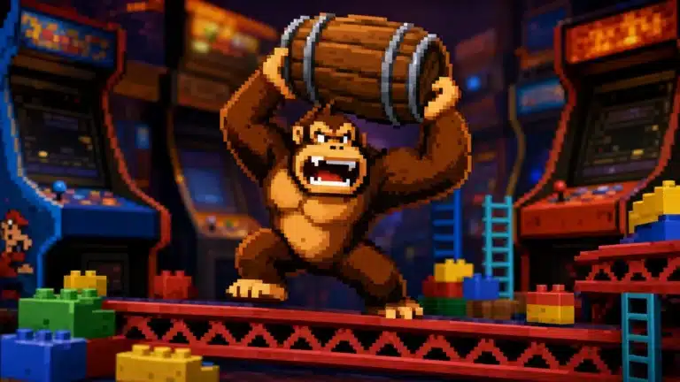 Borne d'arcade LEGO Donkey Kong avec 1367 pieces, reproduction fidele de la machine de 1981