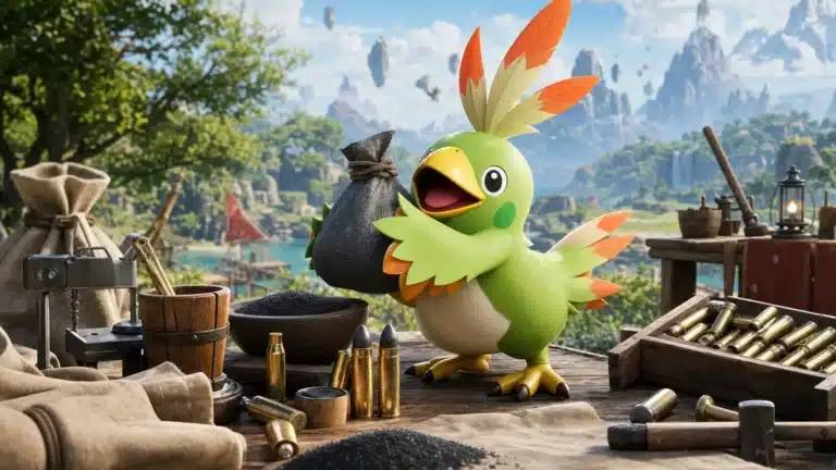 Tocotoco oiseau explosif dans Palworld avec gisements de soufre en arriere-plan desertique
