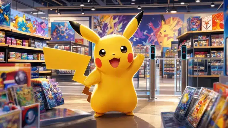 Entree d'une boutique Pokemon Card Store au Japon avec systeme de reconnaissance faciale installe