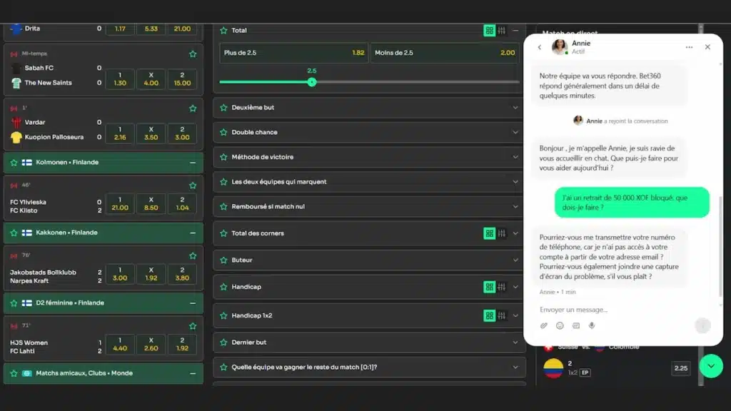 Service client sur Bet360 casino et bookmaker