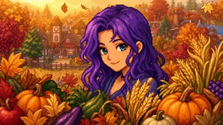 Ferme automnale dans Stardew Valley avec cultures saisonnieres et mures sauvages