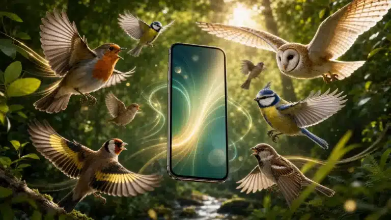 Interface de l'application BirdNET Live affichant un spectrogramme audio pour identifier des especes animales