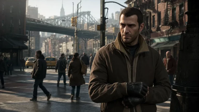 Capture d'ecran de Liberty City dans GTA 4 montrant des personnages non-joueurs dans les rues