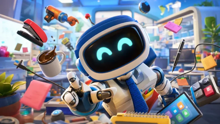 Visuel promotionnel de Job Simulator Human Relations montrant quatre robots en environnement de travail virtuel