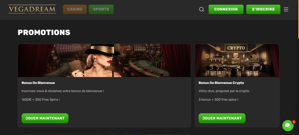 Bonus de bienvenue sur Vegadream Casino 1650€ bonus + 300 free spins dépôt en fiat ou en crypto