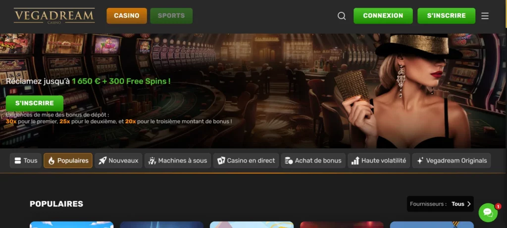 Page d'acceuil Vegadream Casino plateforme crypto-friendly