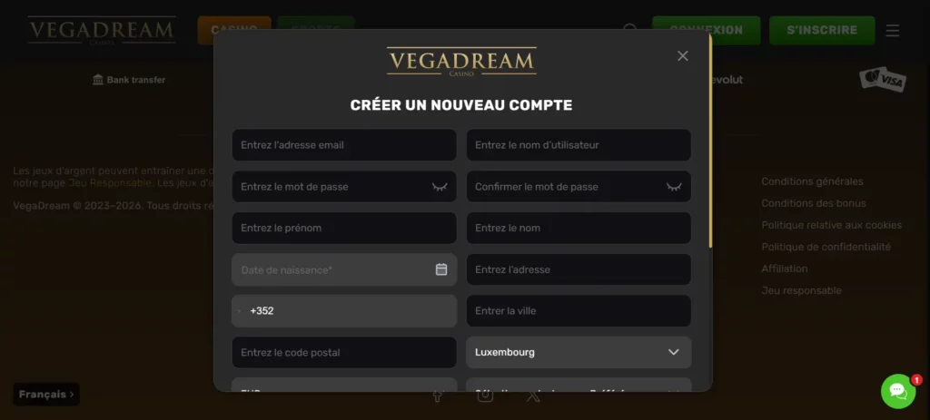 Inscription casino en ligne Vegadream Casino