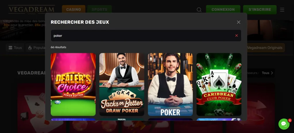 Jeux de table poker baccarat blackjack roulette Vegadream Casino